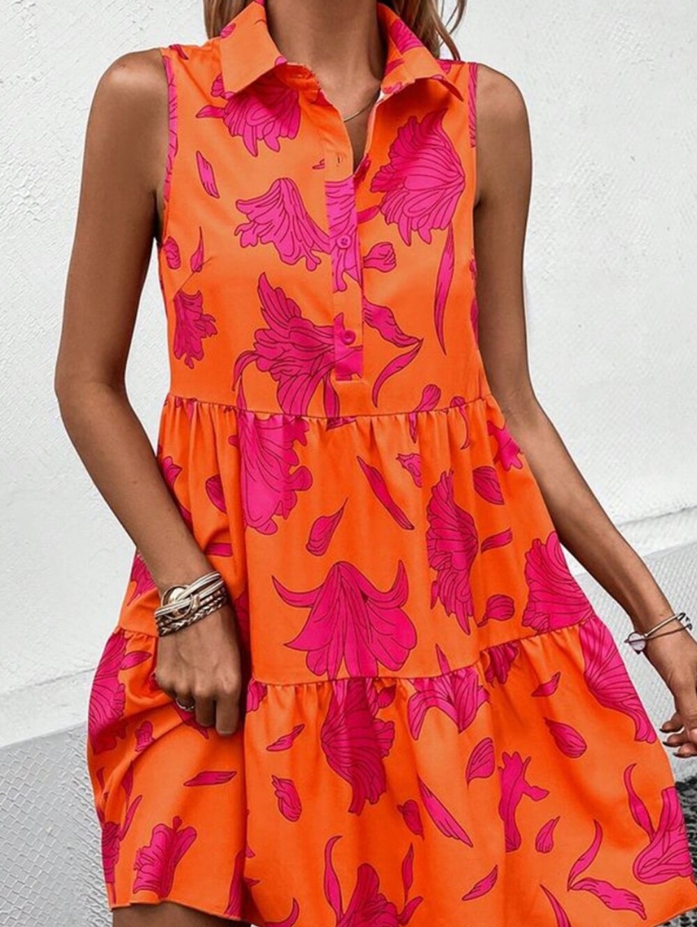 Cleo Sleeveless Collared Orange Button-Front Dress Pink Floral Print Size Large